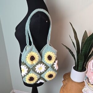 Handmade Crochet Sunflower Granny Square Tote Bag